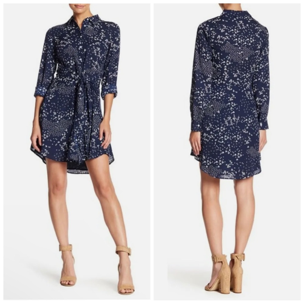 •1.STATE• Tie Front Long Sleeve Shirt‎ Dress in Navy Floral Print Size Medium